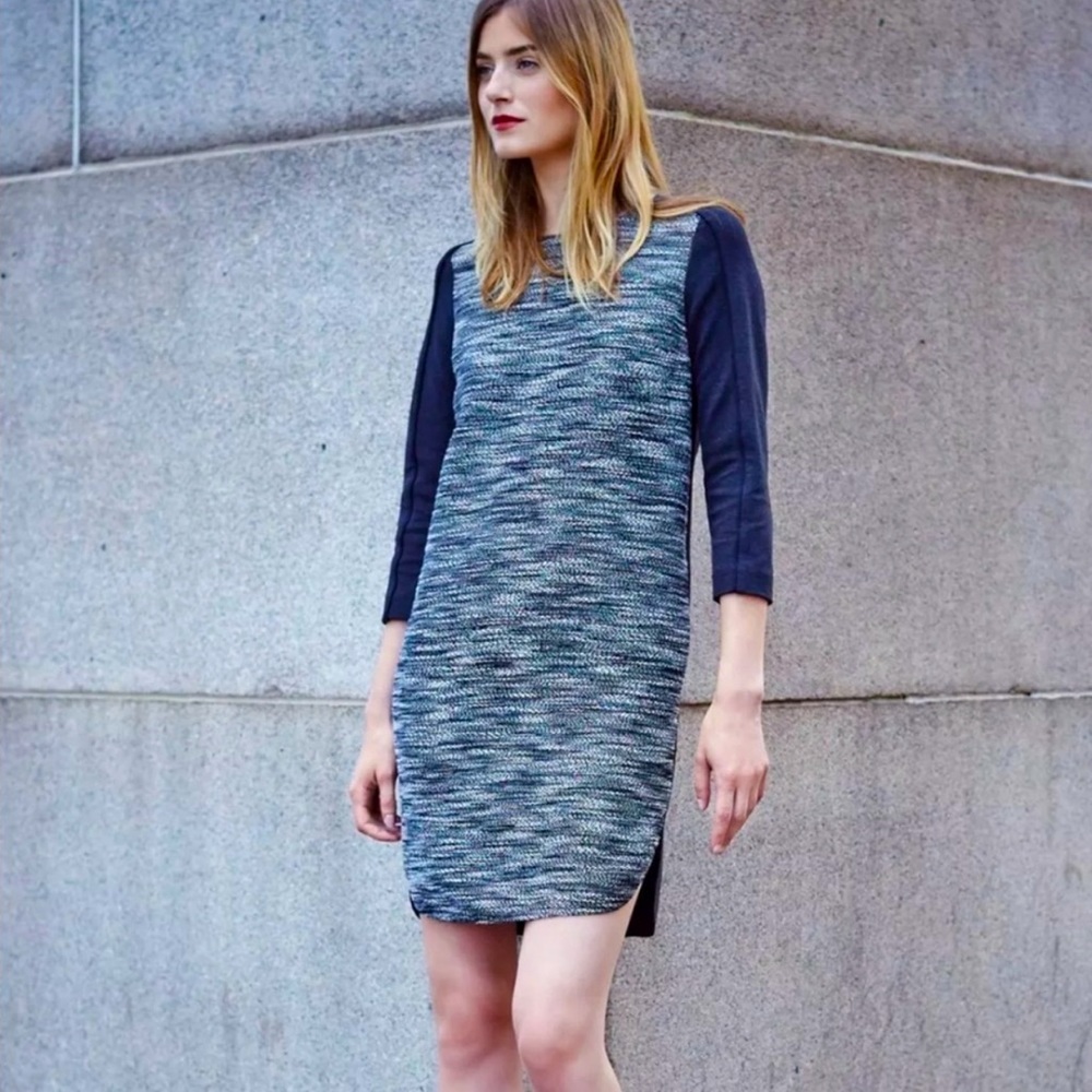 VINCE. Grey Tweed Shift Dress Size Large Women's Cotton & Wool Blend 3/4 Sleeve